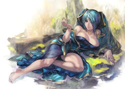 Rule 34 | 1girl, aoin, aqua hair, bare shoulders, barefoot, bird, breasts, bug, butterfly, feet, gradient hair, highres, bug, large breasts, league of legends, long hair, lying, multicolored hair, on side, soaking feet, solo, sona (league of legends), twintails, very long hair, water