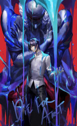 Rule 34 | 10s, 1boy, arm at side, black eyes, black hair, black pants, blue eyes, bucket, collared shirt, dress shirt, dripping, english text, goemon (persona), goemon (persona 5), hair between eyes, highres, kitagawa yuusuke, kzcjimmy, legs apart, liquid, long sleeves, looking at viewer, looking to the side, male focus, outstretched hand, paint, pants, parted lips, persona, persona 5, red background, rope, school uniform, shirt, size difference, sketch, smile, standing, text focus, wet