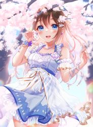 Rule 34 | 1girl, anata no risou no heroine, arm garter, arm ribbon, blue dress, blue eyes, blurry, blurry background, blush, bracelet, breasts, brown hair, cherry blossoms, collarbone, commentary, corsage, cowboy shot, depth of field, dress, earrings, eyelashes, fingernails, floating hair, flower, frilled dress, frilled garter, frills, hair between eyes, hair ornament, halter dress, halterneck, hands up, holding, holding flower, jewelry, long hair, looking at viewer, love live!, love live! nijigasaki high school idol club, love live! school idol festival, love live! school idol festival all stars, medium breasts, moyui (myi 005), necklace, open mouth, osaka shizuku, outdoors, pearl bracelet, pearl necklace, ribbon, round teeth, sleeveless, sleeveless dress, smile, solo, standing, teeth, thigh gap, transparent, upper teeth only, wind, wrist flower