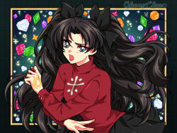 1990s_(style) 1girl black_border black_hair black_skirt blue_eyes border commentary fate/stay_night fate_(series) gem hair_ribbon long_hair looking_at_viewer mroczniak_(gloomy_chuu) open_mouth outside_border red_shirt retro_artstyle ribbon shirt skirt solo tohsaka_rin turtleneck