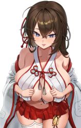 Rule 34 | 1girl, absurdres, bare shoulders, blue eyes, breasts, brown hair, cleavage, commentary, english commentary, hands on own chest, highres, huge breasts, japanese clothes, long hair, looking at viewer, miniskirt, navel, nontraditional miko, original, red skirt, skirt, solo, thighhighs, tongue, tongue out, white background, white thighhighs, wide sleeves, yan.c