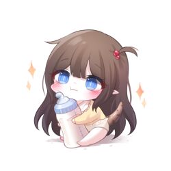 Rule 34 | 1girl, :t, baby bottle, bare legs, barefoot, bib, blue eyes, blush, bottle, brown hair, character request, chibi, closed mouth, full body, hair bobbles, hair ornament, highres, honyang, long hair, long sleeves, milk, novelpia, hugging object, one side up, shadow, shirt, simple background, solo, sparkle, tail, very long hair, wavy mouth, white background, yellow shirt