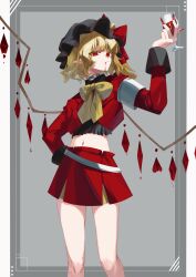 Rule 34 | 1girl, alternate costume, bag, black bag, black headwear, black shirt, blonde hair, blood, blood drip, blood from mouth, bow, check commentary, choker, commentary, commentary request, crystal, cup, flandre scarlet, hat, hat bow, highres, holding, holding cup, layered skirt, long sleeves, maguri rei, miniskirt, mob cap, navel, pointy ears, red eyes, red nails, red skirt, red vest, ribbon, shirt, short hair, skirt, touhou, vest, wings, yellow skirt