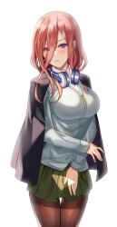 Rule 34 | 1girl, absurdres, black jacket, blazer, blue cardigan, blue eyes, breasts, brown hair, brown pantyhose, cardigan, closed mouth, commentary request, go-toubun no hanayome, green skirt, hair between eyes, headphones, headphones around neck, highres, jacket, jacket on shoulders, large breasts, light blush, long hair, long hair between eyes, long sleeves, looking at viewer, maanu, nakano miku, pantyhose, pleated skirt, pout, shirt, skirt, solo, thigh gap, white background, white shirt