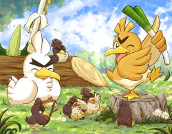 Rule 34 | ^ ^, alternate color, bird, blush, closed eyes, closed mouth, cloud, commentary request, creatures (company), day, evolutionary line, farfetch&#039;d, flower, galarian farfetch&#039;d, galarian form, game freak, gen 1 pokemon, gen 8 pokemon, grass, holding, holding stick, nintendo, no humans, outdoors, pokemon, pokemon (creature), shuri (syurigame), sirfetch&#039;d, sky, smile, stick, tree stump, white flower