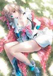 Rule 34 | 1girl, absurdres, blue eyes, blue reflection (series), blue reflection maboroshi ni mau shoujo no ken, bow, bowtie, breasts, brown hair, cleavage, dress, elbow gloves, frills, gloves, grass, heterochromia, high heels, highres, jewelry, kishida mel, looking at viewer, lying, magical girl, medium breasts, necklace, official art, on back, purple eyes, ribbon, shirai hinako, short dress, short hair, short sleeves, skirt, solo