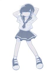 Rule 34 | 1girl, anchor earrings, arms behind head, arms up, awaya yawako, black footwear, black hair, black neckerchief, black sailor collar, black skirt, blue eyes, closed mouth, commentary, dot mouth, dot nose, earrings, expressionless, full body, highres, jewelry, looking at viewer, miniskirt, neckerchief, original, pleated skirt, sailor collar, school uniform, shirt, short hair, short sleeves, simple background, skirt, socks, solo, standing, symbol-only commentary, white background, white shirt, white socks