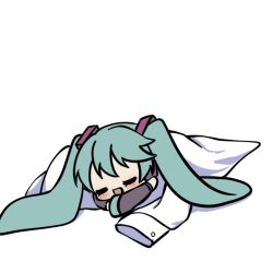 Rule 34 | 1girl, blue hair, blush, chibi, closed eyes, detached sleeves, eshe mr, hatsune miku, long hair, long sleeves, lying, on stomach, open mouth, shirt, smile, solo, twintails, very long hair, vocaloid