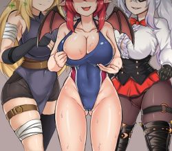 Rule 34 | 3girls, bandages, black legwear, blonde hair, breasts, bustier, cleavage, collarbone, competition swimsuit, demon girl, feet out of frame, fingerless gloves, future knight, gloves, guardian tales, hand on own chest, head out of frame, highres, large breasts, lifeguard yuze, long hair, multicolored hair, multiple girls, one-piece swimsuit, open mouth, p (user twhe8523), pointy ears, red eyes, red ribbon, red skirt, red wings, ribbon, short hair, skirt, smile, swimsuit, thighs, trickster lucy, wet, wings