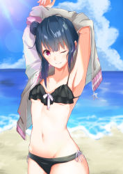 Rule 34 | 1girl, ;), armpits, arms up, beach, bikini, black bikini, blue hair, blue sky, bow, breasts, cloud, day, grey jacket, groin, hair bow, highres, hotaru (pixiv31865433), jacket, lens flare, long hair, looking at viewer, love live!, love live! sunshine!!, navel, ocean, one eye closed, open clothes, open jacket, outdoors, red eyes, ribbon, side-tie bikini bottom, sky, small breasts, smile, solo, standing, sunlight, swimsuit, tsushima yoshiko, underboob, white ribbon