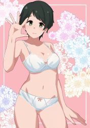 Rule 34 | 1girl, black hair, bra, commentary request, contrapposto, cowboy shot, floral background, green eyes, highres, kantai collection, looking at viewer, mogami (kancolle), mori tarou, panties, short hair, shorts, solo, standing, swept bangs, underwear, underwear only, white bra, white panties