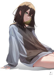 Rule 34 | 1girl, :o, absurdres, arm support, black hair, colored inner hair, commentary request, cowboy shot, dated, green eyes, grey hoodie, hair between eyes, highres, hood, hood down, hoodie, long hair, long sleeves, looking at viewer, multicolored hair, original, parted lips, signature, simple background, sitting, sleeves past wrists, solo, strash, white background