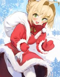 Rule 34 | 1girl, absurdres, ahoge, bad id, bad twitter id, blonde hair, bloop (archives), blush, breasts, christmas, commentary, dress, english commentary, fate/extra, fate (series), fur trim, garter straps, green eyes, hair bun, hair intakes, hat, highres, holding, holding sack, huge ahoge, looking at viewer, medium breasts, meme, mittens, nero claudius (fate), nero claudius (fate) (all), nero claudius (fate/extra), open mouth, padoru (meme), red dress, red hat, red mittens, sack, santa costume, santa hat, short hair, single hair bun, snowflakes, solo, thighhighs, white thighhighs