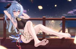 Rule 34 | 1girl, absurdres, barefoot, blue hair, blue nails, blush, breasts, fireworks, ganyu (genshin impact), genshin impact, hair between eyes, highres, horns, large breasts, long hair, looking at viewer, night, radoremo, red eyes, soles, solo, toenails, toes, tongue, tongue out