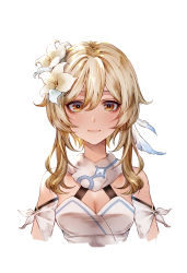 Rule 34 | 1girl, blonde hair, breasts, cleavage, detached sleeves, dress, feather hair ornament, feathers, flower, genshin impact, hair flower, hair ornament, highres, kokollet, looking at viewer, lumine (genshin impact), medium breasts, orange eyes, scarf, short hair with long locks, white dress, white flower, white scarf