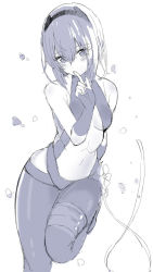 Rule 34 | 1girl, bandaged leg, bandages, bare shoulders, blush, breasts, center opening, cleavage cutout, clothing cutout, contrapposto, covering own mouth, cowboy shot, dark-skinned female, dark skin, fate/prototype, fate/prototype: fragments of blue and silver, fate (series), finger to mouth, fingerless gloves, flower, gloves, hairband, halterneck, hanasaka houcha, hassan of serenity (fate), highleg, highleg leotard, highres, leg up, leotard, looking at viewer, lowleg, lowleg pantyhose, medium breasts, monochrome, navel, pantyhose, short hair, shushing, simple background, solo, standing, underboob, white background