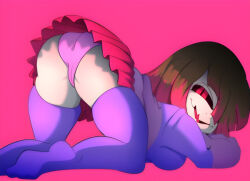 Rule 34 | bete noire, black eyes, brown hair, glitchtale, panties, pink hair, pink panties, pink shirt, purple shirt, red background, red eyes, red skirt, shirt, skirt, smile, underwear, wearing clothes
