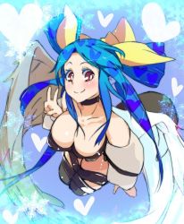 Rule 34 | 1girl, arc system works, asymmetrical wings, bare shoulders, blue hair, bow, breasts, choker, cleavage, detached sleeves, dizzy (guilty gear), eightman, guilty gear, hair bow, large breasts, red eyes, solo, tail, thighhighs, v, wings