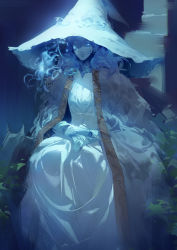Rule 34 | 1girl, absurdres, blue background, blue eyes, blue hair, blue hat, blue theme, chinese commentary, cloak, commentary request, cracked skin, dress, elden ring, extra arms, extra faces, feet out of frame, fur cloak, glowing, glowing eyes, hands on own knees, hat, highres, leaf, looking at viewer, medium hair, one eye closed, outdoors, own hands together, ranni the witch, sitting, sketch, smile, solo, tefco, white dress, witch hat