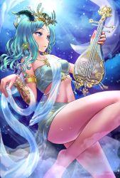 Rule 34 | 1girl, armlet, bandeau, bare legs, barefoot, blue eyes, blue hair, blue skirt, bracelet, breasts, character request, highres, holding, holding instrument, horns, identity v, instrument, jewelry, long hair, lute (instrument), medium breasts, midriff, navel, pendant, shawl, skirt, skirt set, solo, stomach, strapless, thighs, tube top, uemura shun
