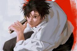 Rule 34 | 1boy, black eyes, black hair, black pants, closed mouth, expressionless, feet out of frame, fighting stance, highres, holding, holding sword, holding weapon, jujutsu kaisen, male focus, multicolored background, ndsoda, okkotsu yuuta, pants, red background, shirt, short hair, signature, solo, sword, weapon, white background, white shirt