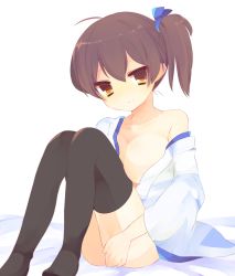 Rule 34 | 10s, 1girl, bad id, bad pixiv id, breasts, brown eyes, brown hair, covering privates, covering ass, hair ribbon, highres, japanese clothes, kaga (kancolle), kantai collection, large breasts, looking at viewer, off shoulder, open clothes, ribbon, shapeson, side ponytail, sitting, smile, solo, tedamarutarou, thighhighs