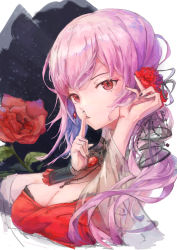 Rule 34 | 1girl, black nails, breasts, cleavage, dress, earrings, eyebrows hidden by hair, finger to mouth, flower, hair flower, hair ornament, highres, hololive, hololive english, jewelry, large breasts, maskcat24, mori calliope, mori calliope (party dress), nail polish, parted lips, pink hair, red dress, red eyes, virtual youtuber