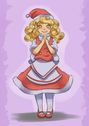 Rule 34 | 1girl, blonde hair, christmas, curly hair, dilaih, dress, ellen (touhou), eyelashes, facing viewer, full body, hat, long hair, mary janes, open mouth, outline, own hands together, red footwear, santa hat, shoes, simple background, smile, solo, standing, star-shaped pupils, star (symbol), symbol-shaped pupils, tied sleeves, touhou, touhou (pc-98), white legwear, whorled hair, yellow eyes