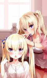 Rule 34 | 2girls, adjusting hair, blonde hair, blouse, blush, bracelet, buttons, chair, chestnut mouth, collarbone, crop top, hair ribbon, hair tie, indoors, jewelry, layered clothes, light particles, looking at viewer, mouth hold, multiple girls, necklace, necktie, open clothes, open mouth, open shirt, original, pendant, pink shirt, purple eyes, red shorts, ribbon, shirt, short shorts, shorts, stuffed animal, stuffed toy, takanashie, teddy bear, triangle mouth, twintails, twintails day, tying hair, unbuttoned, white shirt, window, wristband