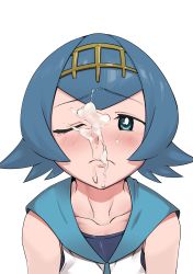 Rule 34 | 1girl, arms at sides, blue eyes, blue hair, blue sailor collar, blush, bright pupils, closed mouth, collarbone, creatures (company), cum, facial, female focus, frown, game freak, hairband, highres, lana (pokemon), makino harumaki, nintendo, no sclera, one-piece swimsuit, one eye closed, pokemon, pokemon sm, raised eyebrows, sailor collar, shirt, short hair, simple background, sleeveless, sleeveless shirt, solo, swimsuit, swimsuit under clothes, tearing up, upper body, white background, white pupils, white shirt, yellow hairband