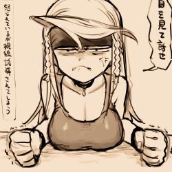 Rule 34 | 1girl, anger vein, angry, berit (eisu), braid, breast rest, breasts, breasts on table, choker, cleavage, clenched hands, eisu (eith), furious, hair between eyes, headband, highres, large breasts, long hair, monochrome, original, simple background, sketch, squinting, swept bangs, tank top, translated, twin braids, wristband