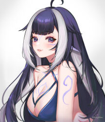 Rule 34 | 1girl, absurdres, ahoge, arm tattoo, artist name, bare shoulders, bikini, blue bikini, blue hair, blush, breast tattoo, breasts, chest tattoo, cleavage, commentary, facial mark, highres, indie virtual youtuber, kazy, large breasts, long hair, looking at viewer, multicolored hair, open mouth, orca girl, purple eyes, shylily, shylily (bikini), simple background, solo, streaked hair, swimsuit, tattoo, twitter username, two-tone hair, upper body, virtual youtuber, white background, white hair
