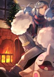 Rule 34 | 1boy, ;), absurdres, altaria, blue eyes, blue hair, boots, cetoddle, christmas, closed mouth, commentary request, creatures (company), fireplace, game freak, gen 3 pokemon, grusha (pokemon), hand up, highres, indoors, jacket, male focus, nintendo, one eye closed, pants, poke ball print, pokemon, pokemon (creature), pokemon sv, scarf, shiruko (s1ruko), sitting, smile, striped clothes, striped scarf, swablu, window, yellow jacket