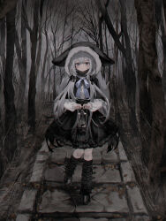 Rule 34 | 1girl, animal hood, bare tree, black bow, black capelet, black footwear, black skirt, black socks, boots, bow, capelet, closed mouth, commentary, forest, fur-trimmed capelet, fur-trimmed hood, fur trim, grey eyes, grey hair, grey sky, hair bow, high-waist skirt, highres, holding, holding lantern, hood, hooded capelet, kneehighs, lantern, leaf, looking at viewer, nature, original, shou (mori boro), skirt, sky, socks, solo, symbol-only commentary, tree, walking