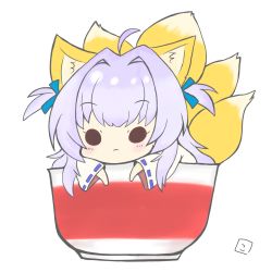 Rule 34 | 1girl, :3, ahoge, animal ears, artist logo, blush stickers, bowl, chibi, commentary, cp haru, fox ears, fox girl, fox tail, hair intakes, hair ribbon, highres, in bowl, in container, kitsune, kyuubi, kyuubi (sennen sensou aigis), light purple hair, long hair, long sleeves, multiple tails, ribbon, ribbon-trimmed sleeves, ribbon trim, sennen sensou aigis, simple background, solid circle eyes, solo, tail, two side up, white background