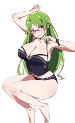 Rule 34 | 1girl, arm up, bare shoulders, barefoot, black panties, blush, bracelet, breasts, cleavage, closed mouth, collarbone, commentary request, full body, glasses, green hair, jewelry, large breasts, legs, long hair, looking at viewer, megami-ryou no ryoubo-kun, panties, parted bangs, purple eyes, red-framed eyewear, relaxjon, signature, simple background, sitting, smile, solo, underwear, wachi mineru, white background