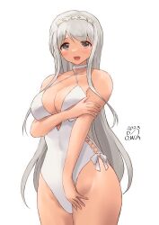 Rule 34 | 1girl, anchor ornament, arm under breasts, artist name, blush, casual one-piece swimsuit, choker, cosplay, cowboy shot, cross-laced clothes, cross-laced one-piece swimsuit, dated, frilled one-piece swimsuit, frills, grey hair, highres, kantai collection, long hair, looking at viewer, one-piece swimsuit, owa (ishtail), sagiri (kancolle), sagiri (kancolle) (cosplay), shawl, shoukaku (kancolle), side-tie swimsuit, simple background, solo, swimsuit, white background, white choker, white one-piece swimsuit, white shawl