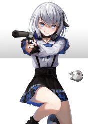 Rule 34 | 1girl, aiming, bazo (vestia zeta), belt, black belt, black footwear, black gloves, black skirt, blue bow, blue eyes, blue nails, blue skirt, bob cut, bow, braid, choker, closed mouth, feet out of frame, finger on trigger, fingerless gloves, fingernails, french braid, frilled shirt, frills, gloves, grey background, grey hair, gun, handgun, headphones, headphones around neck, highres, holding, holding gun, holding weapon, hololive, hololive indonesia, licking lips, long sleeves, on one knee, outstretched arms, shirt, simple background, skirt, smile, solo, sora no tori, suppressor, suspender skirt, suspenders, tongue, tongue out, two-tone background, vestia zeta, vestia zeta (jirai kei), virtual youtuber, weapon, weapon request, white background, white shirt