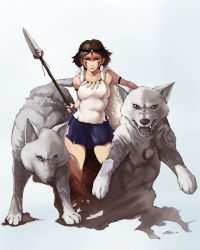 Rule 34 | 1girl, arm strap, armlet, bare shoulders, black eyes, blue skirt, brown hair, closed mouth, collarbone, earrings, facepaint, full body, headband, highres, holding, holding polearm, holding weapon, jewelry, looking at viewer, mononoke hime, necklace, parted bangs, polearm, san (mononoke hime), seraziel, serious, short hair, skirt, sleeveless, weapon, wolf