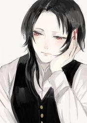 Rule 34 | 10s, 1boy, androgynous, black hair, closed mouth, collared shirt, head rest, hiki yuichi, kashuu kiyomitsu, male focus, military uniform, mole, mole under mouth, nail polish, personification, red eyes, red nails, simple background, solo, touken ranbu, upper body, white background