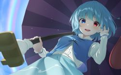 Rule 34 | 1girl, aqua skirt, blue eyes, blue hair, blue vest, breasts, buttons, commentary request, commission, cross-laced clothes, frills, from above, from below, geta, heterochromia, highres, holding, holding umbrella, juliet sleeves, kanpa (campagne 9), karakasa obake, long sleeves, looking at viewer, looking down, puffy sleeves, purple umbrella, rainbow, red eyes, reflection, shirt, short hair, skeb commission, skirt, sky, solo, tatara kogasa, tongue, touhou, umbrella, vest, white shirt