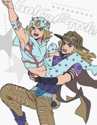 Rule 34 | 2boys, armpits, blonde hair, blue eyes, brown pants, carrying, clenched teeth, commentary request, cowboy hat, goggles, goggles on headwear, gold teeth, green eyes, gyro zeppeli, hat, highres, holster, horseshoe, johnny joestar, jojo no kimyou na bouken, long hair, male focus, miyage no nukegara, multiple boys, open mouth, pants, pointing, smile, star (symbol), star print, steel ball run, teeth