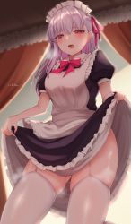 Rule 34 | 1girl, absurdres, alternate costume, apron, black dress, clothes lift, dress, dress lift, enmaided, fate/grand order, fate (series), from below, garter straps, hair between eyes, hair ribbon, highres, ichi kq, kama (fate), lifted by self, long hair, looking at viewer, maid, maid apron, maid headdress, nail polish, naughty face, open mouth, red eyes, ribbon, saliva, signature, solo, steam, thighhighs, thighs, white hair, white thighhighs