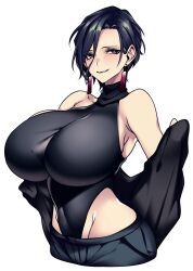 Rule 34 | 1girl, absurdres, bare shoulders, black hair, black jacket, black leotard, black pants, breasts, commentary request, covered navel, eyes visible through hair, highres, huge breasts, hz (666v), jacket, jewelry, leotard, leotard under clothes, looking at viewer, navel, original, paid reward available, pants, purple eyes, removing jacket, short hair, smile, solo