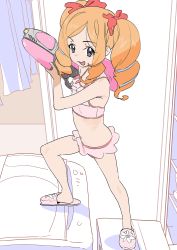 Rule 34 | 1girl, absurdres, bikini, bikini skirt, bow, character request, copyright request, dorontabi, drill hair, fang, female focus, flat chest, hair bow, highres, holding, holding water gun, multicolored hair, open mouth, orange hair, partially colored, pink bikini, pink footwear, red bow, slippers, solo, swimsuit, twin drills, two-tone hair, water gun