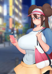 Rule 34 | 1girl, bag, blue eyes, blurry, blurry background, bored, breasts, brown hair, cellphone, city, covered navel, cowboy shot, creatures (company), double bun, female focus, game freak, hair between eyes, hair bun, handbag, hands up, highres, holding, holding phone, huge breasts, long hair, looking down, moebell, night, nintendo, outdoors, pantyhose, parted lips, phone, pokemon, pokemon bw2, rosa (pokemon), skirt, solo, sound effects, standing, visor cap, yellow skirt