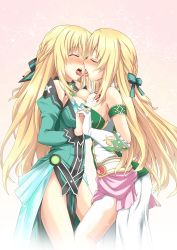 Rule 34 | 10s, 2girls, bare shoulders, blonde hair, blush, bow, breast press, breasts, cleavage, closed eyes, detached sleeves, dress, dual persona, french kiss, gloves, hair bow, hair ribbon, highres, holding hands, interlocked fingers, kiss, large breasts, long hair, multiple girls, neptune (series), open mouth, ribbon, saliva, selfcest, shinjitsu (true ride), symmetrical docking, tongue, tongue out, vert (neptunia), white gloves, yuri