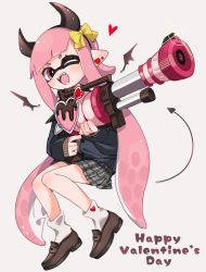 Rule 34 | 1girl, ;d, arrow through heart, bad id, bad twitter id, black hairband, blunt bangs, blush, bow, brown footwear, buttons, demon horns, demon tail, ear blush, earrings, fake horns, fangs, finger on trigger, full body, grey skirt, h-3 nozzlenose (splatoon), hairband, happy valentine, heart, heart earrings, holding, horns, inkling, inkling girl, inkling player character, jewelry, loafers, long hair, long sleeves, maco spl, mask, nintendo, one eye closed, open mouth, pink eyes, pink hair, plaid, plaid skirt, pointy ears, shoes, skirt, sleeves past wrists, smile, socks, solo, splatoon (series), tail, teeth, tentacle hair, valentine, very long hair, white socks, yellow bow