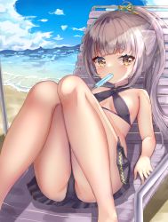 Rule 34 | 1girl, bare legs, beach, beach chair, bikini, black bikini, black skirt, blunt bangs, blush, breasts, commentary request, day, feet out of frame, food, food in mouth, hair ornament, halterneck, high ponytail, highres, hololive, knees together feet apart, knees up, long hair, looking at viewer, lying, murasaki shion, murasaki shion (hololive summer 2019), on back, outdoors, ponytail, popsicle, rappi, short eyebrows, sidelocks, silver hair, skirt, small breasts, solo, swimsuit, thighs, virtual youtuber, water, yellow eyes
