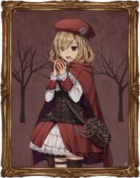 Rule 34 | 1girl, apple, artist name, bad id, bad pixiv id, bag, belt, belt buckle, beret, black eyes, blonde hair, border, buckle, cape, chain, commentary, corset, cowboy shot, dress, eating, eyes visible through hair, food, framed, fruit, hair over one eye, hat, holding, holding food, holding fruit, kim bae-eo, lace, lace-trimmed dress, lace trim, little red riding hood, little red riding hood (grimm), long sleeves, looking at viewer, medium hair, open mouth, original, picture frame, pouch, red cape, red hat, shoulder bag, single thighhigh, solo, standing, teeth, thigh pouch, thighhighs